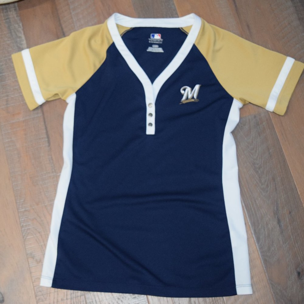 Y2K Genuine Merchandise MLB Milwaukee Brewers V-Neck Jersey Shirt Top Tee G81